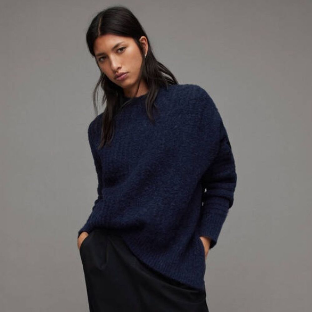All Saints Selena Mixed Stitch Asymmetric Sweater Midnight Blue, NWT, Size S - Picture 1 of 12